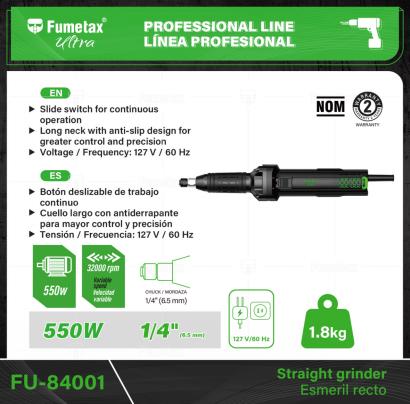 FU-84001-(Caja master 1 CTN=10 SKU)-(MOQ 1 SKU)-Motor de 550 W, montado sobre balero de bolas para mayor vida útil y mejor desempeño
Botón deslizable de trabajo continuo