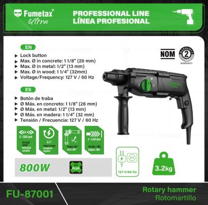 FU-87001-(Caja master 1 CTN=4 SKU)-(MOQ 1 SKU)-Motor de 800 W con potencia suficiente para trabajos de alto rendimiento
4 Funciones: Taladro, Cincelado, Rotomartillo y Cincel + ángulo ajustable