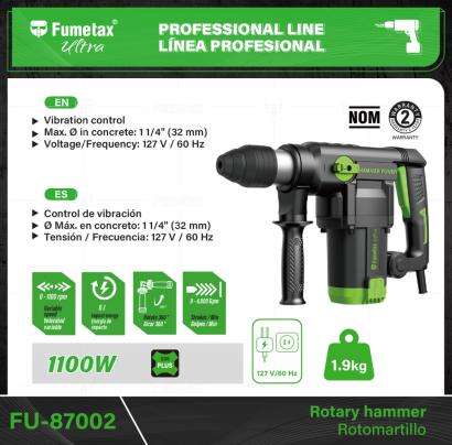 FU-87002-(Caja master 1 CTN=4 SKU)-(MOQ 1 SKU)-Motor de 1,100 W con potencia suficiente para trabajos de alto rendimiento
4 Funciones: Cincelado, Rotomartillo