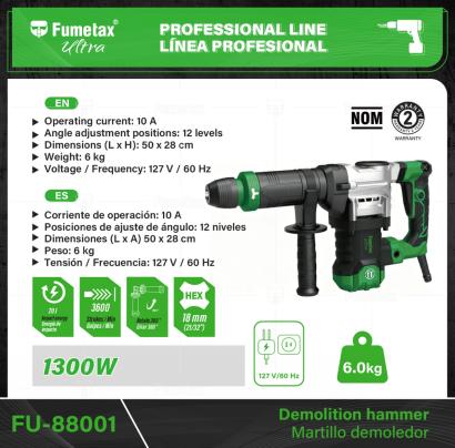 FU-88001-(Caja master 1 CTN=2 SKU)-(MOQ 1 SKU)-Para demolición de concreto, asfalto, cimientos y pavimentos, excavación para acceso a tubería y drenajes
Broquero: SDS MAX