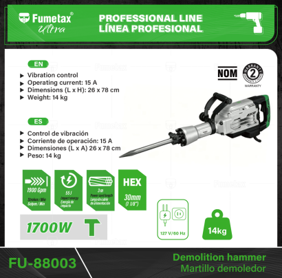 FU-88003-(Caja master 1 CTN=1 SKU)-(MOQ 1 SKU)-Para demolición de concreto, asfalto, cimientos y pavimentos, excavación para acceso a tubería y drenajes
Broquero: HEX