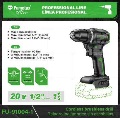 FU-91004-1-(Caja master 1 CTN=20 SKU)-(MOQ 1 SKU)-Motor sin carbones: libre de mantenimiento y antidesgaste
2 Funciones: taladro y atornillador