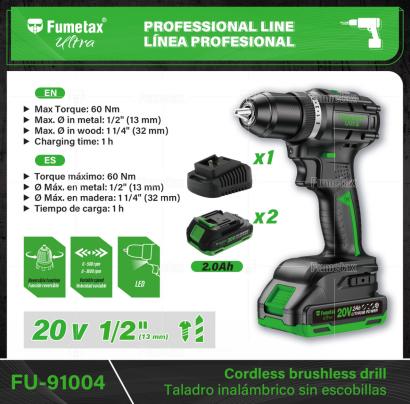 FU-91004-(Caja master 1 CTN=4 SKU)-(MOQ 1 SKU)-Motor sin carbones: libre de mantenimiento y antidesgaste
2 Funciones: taladro y atornillador
