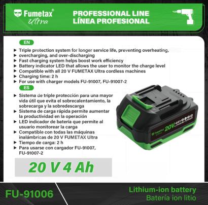FU-91006-(Caja master 1 CTN=20 SKU)-(MOQ 1 SKU)-Sistema de triple protección para una mayor vida útil que evita el sobrecalentamiento, la sobrecarga y la sobredescarga
Sistema de carga rápida permite aumentar la productividad en la operación