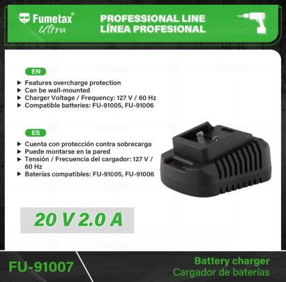 FU-91007-(Caja master 1 CTN=20 SKU)-(MOQ 1 SKU)-Cargador de baterías de ion litio 20V, FUMETAX Ultra
Cuenta con protección contra sobrecarga