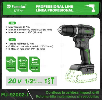 FU-92002-1-(Caja master 1 CTN=20 SKU)-(MOQ 1 SKU)-Motor sin carbones: libre de mantenimiento y antidesgaste
3 Funciones: rotomartillo, taladro y atornillador
