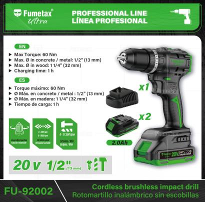 FU-92002-(Caja master 1 CTN=4 SKU)-(MOQ 1 SKU)-Motor sin carbones: libre de mantenimiento y antidesgaste
3 Funciones: rotomartillo, taladro y atornillador