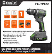 FU-92002 (Caja master 5)(MOQ  1 pz=1 caja) Brushless rotomartillo inalámbrico Cordless brushless impact drill
