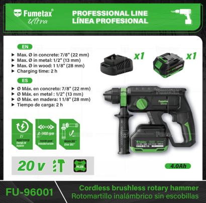 FU-96001-(Caja master 1 CTN=8 SKU)-(MOQ 1 SKU)-Motor sin carbones: libre de mantenimiento y antidesgaste
4 Funciones: Taladro, Cincelado, Rotomartillo y Cincel + ángulo ajustable