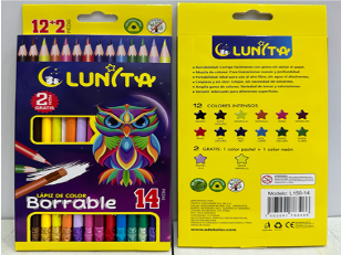 L150-14(Caja-96)LAPICES DE COLORES LUNITA BORRABLE 12+2 PIEZAS