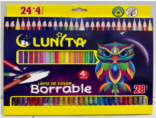 L150-28(Caja-50)LAPICES DE COLORES LUNITA BORRABLE 24+4 PIEZAS