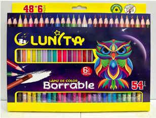 L150-54(Caja-30)LAPICES DE COLORES LUNITA BORRABLE 48+6 PIEZAS