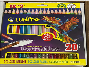 L151-20(Caja-96)LAPICES DE COLORES LUNITA BORRABLE 18+2 PIEZAS