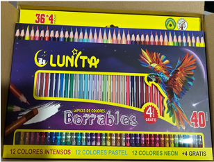 L151-40(Caja-60)LAPICES DE COLORES LUNITA BORRABLE 36+4 PIEZAS
12 INTENSOS + 12 PASTEL +12 NEON