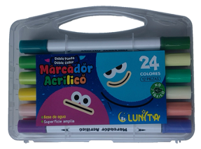 L253-24(Caja-96)MARCADOR ACRÍLICO
DOBLE PUNTA CON DOBLE COLOR PUNTA PINCEL
12 PZS = 24 COLORES