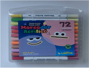 L253-72(Caja-36)MARCADOR ACRÍLICO
DOBLE PUNTA CON DOBLE COLOR PUNTA PINCEL
36 PZS = 72 COLORES