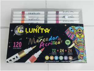 L256-120(Caja-16)MARCADOR ACRÍLICO
PUNTA PINCEL 120 COLORES
72 INTENSOS + 24 PASTEL +
24 METALICO