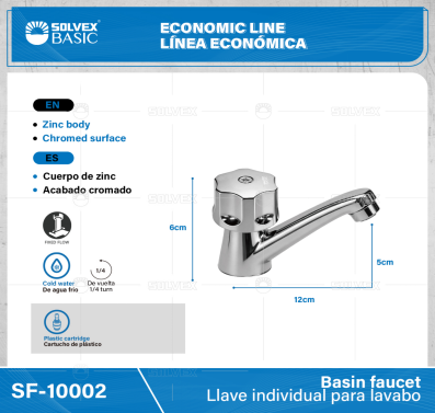 SF-10002-(Caja master 1 CTN=50 SKU)-(MOQ 1 SKU)-Llave individual para lavabo
Cuerpo de zinc