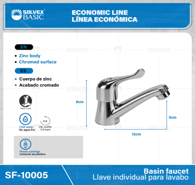 SF-10005-(Caja master 1 CTN=50 SKU)-(MOQ 1 SKU)-Llave individual para lavabo
Cuerpo de zinc