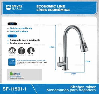 SF-11501-1-(Caja master 1 CTN=10 SKU)-(MOQ 1 SKU)-Monomando para fregadero
Cuerpo y maneral de acero inoxidable