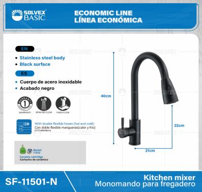 SF-11501-N-(Caja master 1 CTN=10 SKU)-(MOQ 1 SKU)-Monomando para fregadero
Cuerpo y maneral de acero inoxidable