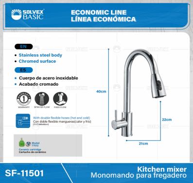 SF-11501-(Caja master 1 CTN=10 SKU)-(MOQ 1 SKU)-Monomando para fregadero
Cuerpo y maneral de acero inoxidable