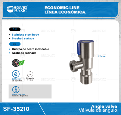 SF-35210-(Caja master 1 CTN=100 SKU)-(MOQ 1 SKU)-Válvula de ángulo
Cuerpo y maneral de acero inoxidable