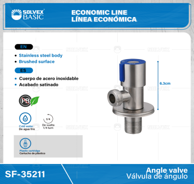 SF-35211-(Caja master 1 CTN=100 SKU)-(MOQ 1 SKU)-Válvula de ángulo
Cuerpo y maneral de acero inoxidable