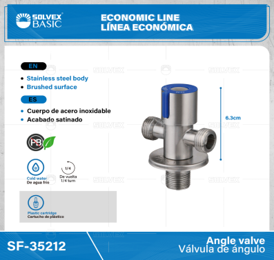 SF-35212-(Caja master 1 CTN=100 SKU)-(MOQ 1 SKU)-Válvula de ángulo
Cuerpo y maneral de acero inoxidable