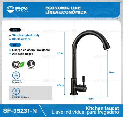 SF-35231-N-(Caja master 1 CTN=24 SKU)-(MOQ 1 SKU)-Llave individual para fregadero
Cuerpo,cuello y maneral de acero inoxidable