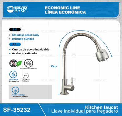 SF-35232-(Caja master 1 CTN=24 SKU)-(MOQ 1 SKU)-Llave individual para fregadero
Cuerpo y maneral de acero inoxidable