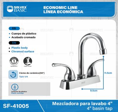 SF-41005-(Caja master 1 CTN=20 SKU)-(MOQ 1 SKU)-Mezcladora para lavabo 4"
Cuerpo,cartucho,manerales y cubierta de plástico