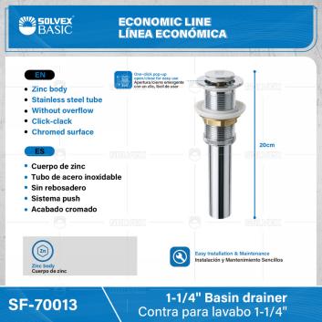 SF-70013-(Caja master 1 CTN=50 SKU)-(MOQ 1 SKU)-Contra para lavabo con tapón push 1-1/4"
Cuerpo de zinc