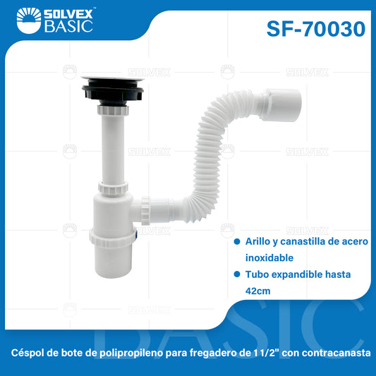 SF-70030 (Caja master 25)(MOQ 1pz=1bolsa) Céspol de bote de polipropileno para fregadero de 1 1/2" con contracanasta