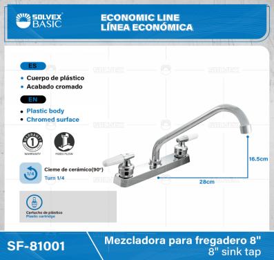 SF-81001-(Caja master 1 CTN=12 SKU)-(MOQ 1 SKU)-Mezcladora para fregadero 8"
Cuerpo,cartucho,manerales y cubierta de plástico