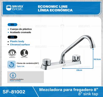 SF-81002-(Caja master 1 CTN=12 SKU)-(MOQ 1 SKU)-Mezcladora para fregadero 8"
Cuerpo,cartucho,manerales y cubierta de plástico