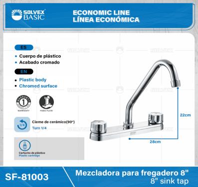 SF-81003-(Caja master 1 CTN=12 SKU)-(MOQ 1 SKU)-Mezcladora para fregadero 8"
Cuerpo,cartucho,manerales y cubierta de plástico