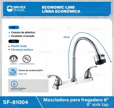 SF-81004-(Caja master 1 CTN=12 SKU)-(MOQ 1 SKU)-Mezcladora para fregadero 8"
Cuerpo,cartucho,manerales y cubierta de plástico