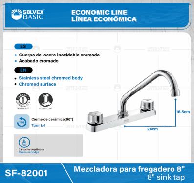 SF-82001-(Caja master 1 CTN=12 SKU)-(MOQ 1 SKU)-Mezcladora para fregadero 8"
Cuerpo de  acero inoxidable cromado