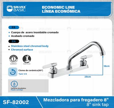 SF-82002-(Caja master 1 CTN=12 SKU)-(MOQ 1 SKU)-Mezcladora para fregadero 8"
Cuerpo de  acero inoxidable cromado