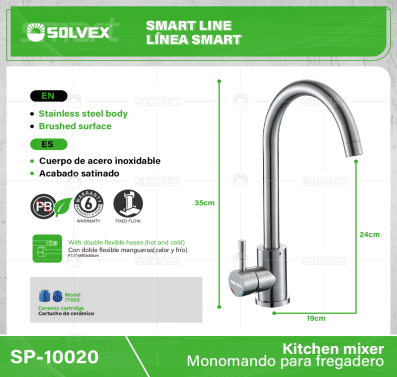 SP-10020-(Caja master 1 CTN=6 SKU)-(MOQ 1 SKU)-Monomando para fregadero
Cuerpo,cuello y maneral de acero inoxidable