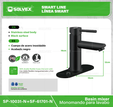 SP-10031-N+SF-61701-N-(Caja master 1 CTN=10 SKU)-(MOQ 1 SKU)-Monomando para lavabo
Cuerpo,cuello y maneral de acero inoxidable