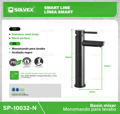 SP-10032-N-(Caja master 1 CTN=10 SKU)-(MOQ 1 SKU)-Monomando para lavabo
Cuerpo,cuello y maneral de acero inoxidable