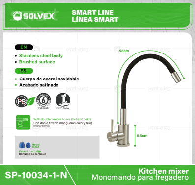 SP-10034-1-N-(Caja master 1 CTN=10 SKU)-(MOQ 1 SKU)-Monomando para fregadero
Cuerpo de acero inoxidable