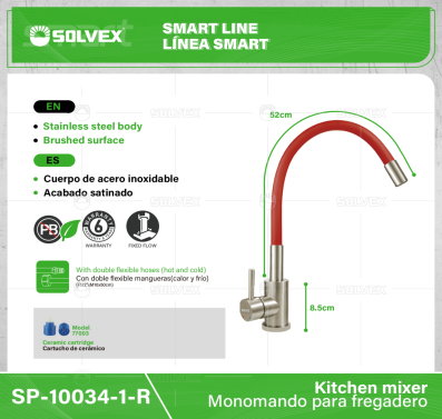 SP-10034-1-R-(Caja master 1 CTN=10 SKU)-(MOQ 1 SKU)-Monomando para fregadero
Cuerpo de acero inoxidable