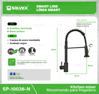 SP-10036-N-(Caja master 1 CTN=6 SKU)-(MOQ 1 SKU)-Monomando para fregadero
Cuerpo y maneral de acero inoxidable