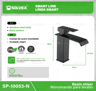 SP-10053-N-(Caja master 1 CTN=10 SKU)-(MOQ 1 SKU)-Monomando para lavabo
Cuerpo y cuello de acero inoxidable