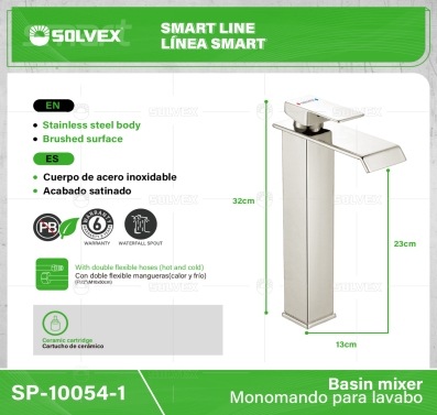 SP-10054-1-(Caja master 1 CTN=10 SKU)-(MOQ 1 SKU)-Monomando para lavabo
Cuerpo,cuello y maneral de acero inoxidable