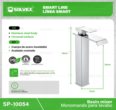SP-10054-(Caja master 1 CTN=10 SKU)-(MOQ 1 SKU)-Monomando para lavabo
Cuerpo y cuello de acero inoxidable