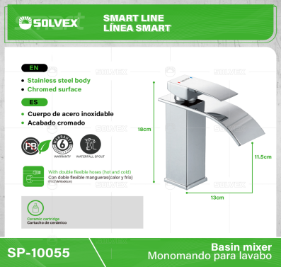 SP-10055-(Caja master 1 CTN=10 SKU)-(MOQ 1 SKU)-Monomando para lavabo
Cuerpo y cuello de acero inoxidable
